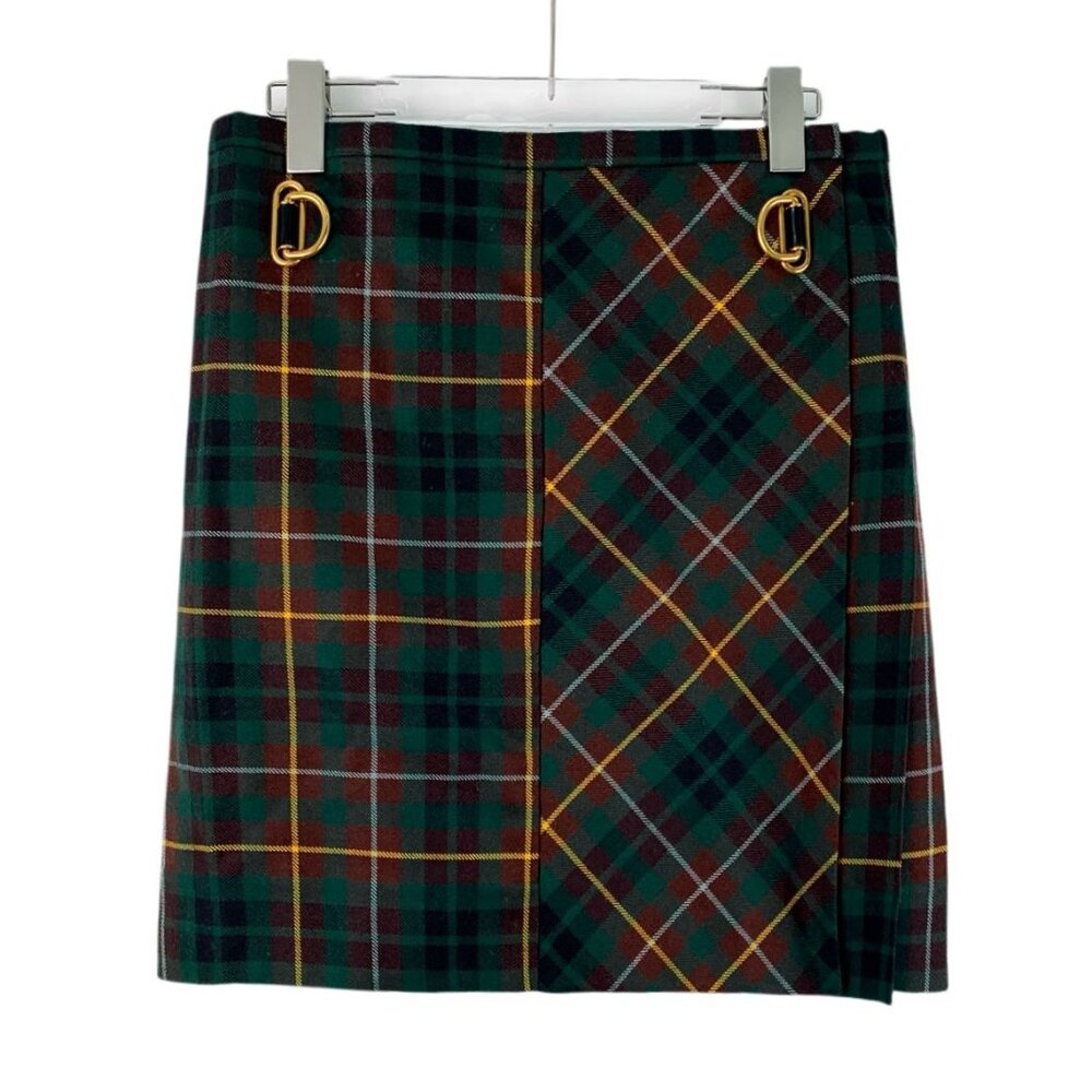 Burberry Checkered Wool Pleated Skirt Green & Brown Plaid Gold Buckle Details It